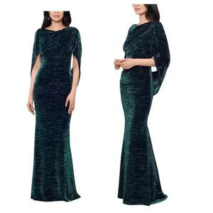 Betsy & Adam Women's Green Cowlneck Cape-Back Foil Gown Formal Dress sz 10